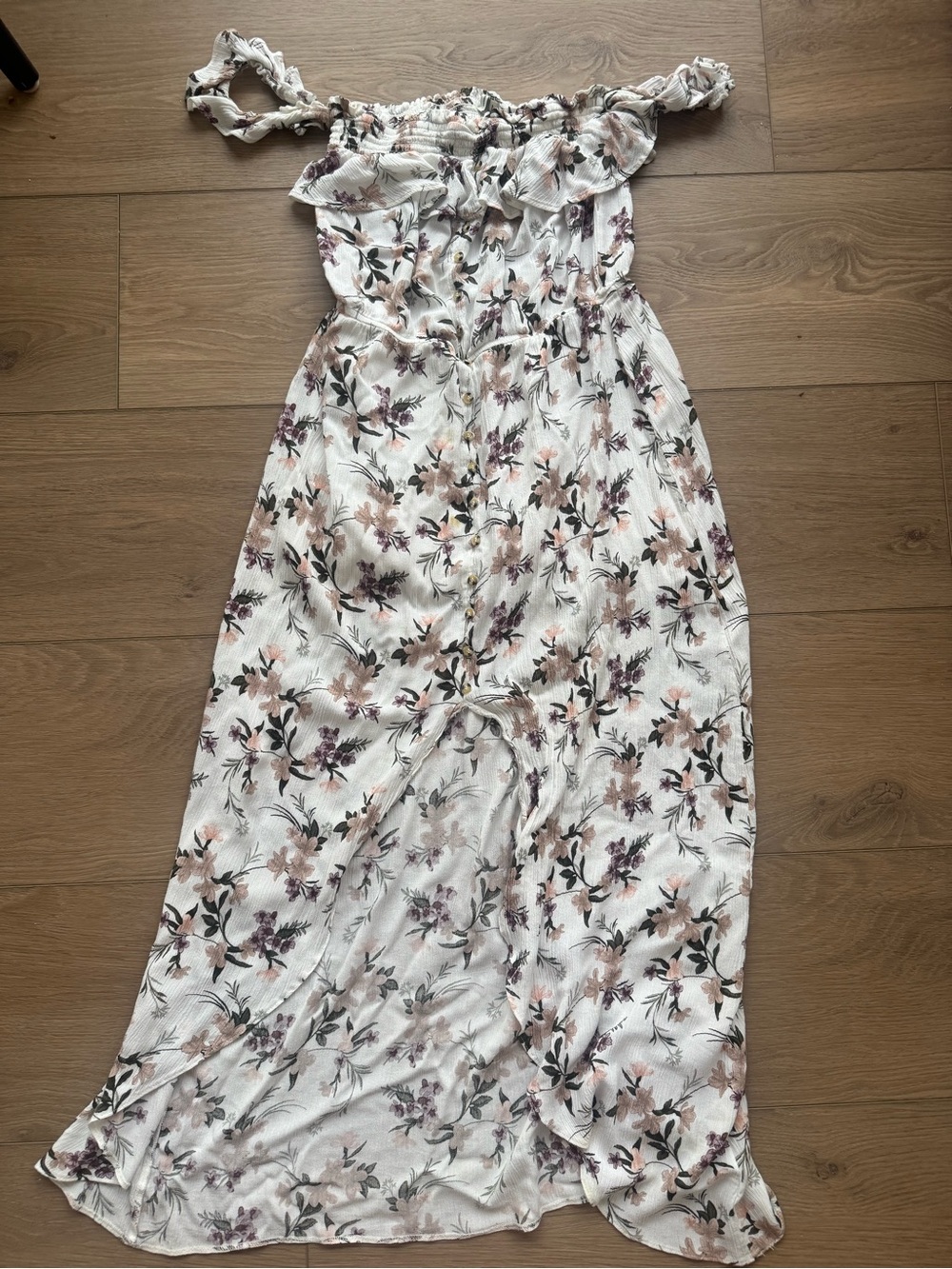 American Eagle Outfitters floral high-low dress with off the shoulder sleeves